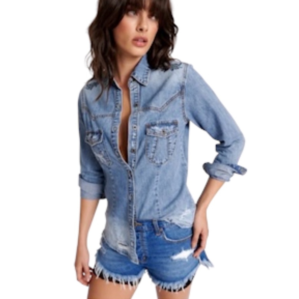 One Teaspoon Classic Chambray Denim Shirt with Western Pearl Snaps